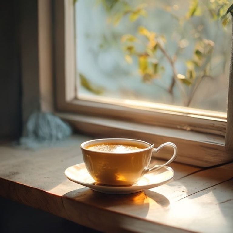 Cup of herbal tea on a wooden table near window