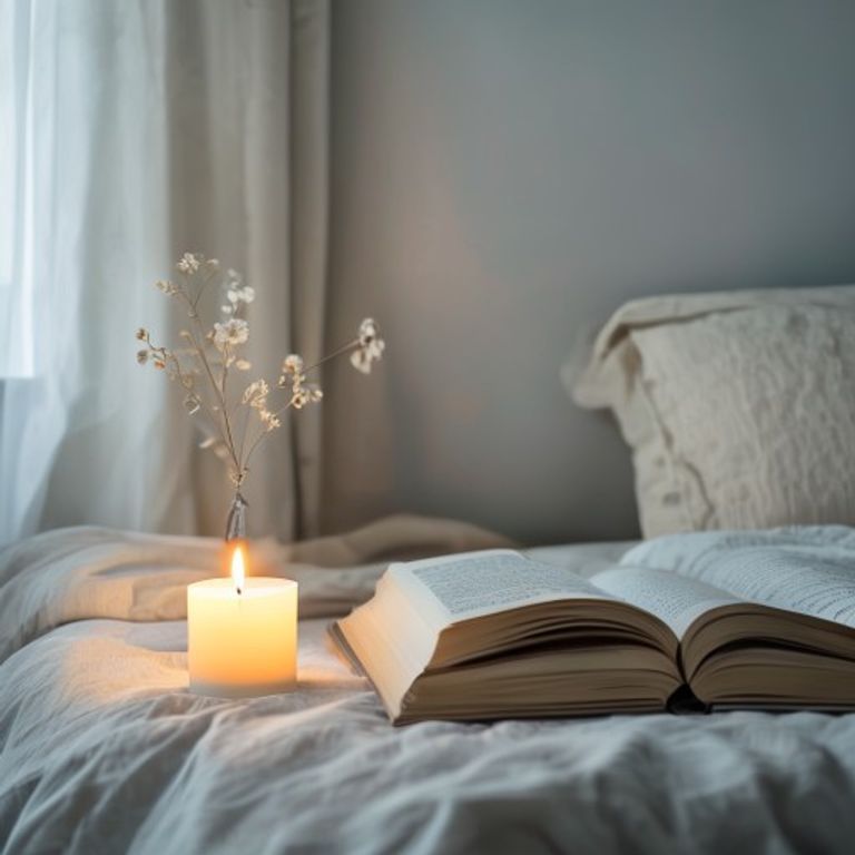 Soft candlelight and open book in minimalist room