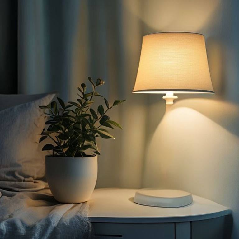Plant on a nightstand with warm lamp glow