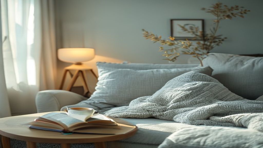 Calm evening space with tea, book, and soft lighting